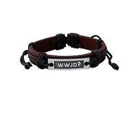 WWJD Tag Religious Leather Bracelet, Handmade Leather Braided What Would Jesus Do Golds Guide Strand Bracelet for Women Men Boys Religious Gift, Leather, metal