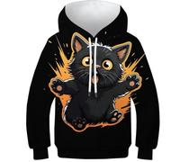 WWJLRLXTO Black Cat-Cute Animal 3D Printed Cat Pullover Hoodie Hooded Sweatshirt Unisex with Pocket 5-16 Years 9-11Y