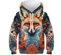 WWJLRLXTO Flower Fox 3D Printed Red Fox Kids Pullover Hooded Sweatshirt Boys Girls Hoodie with Pocket Age 4-16 8-10Y
