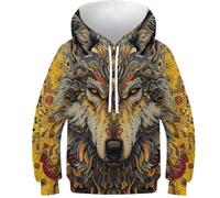WWJLRLXTO Wolf Hoodies 3D For Boys And Teens Kid Funny Animal Pullover Sweatshirts Long Sleeve Age 6-15 Years 7-9Y