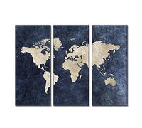 Wwjwf 3 Pcs Set Abstract Navy Blue World Map Canvas Print Painting Modern Posters Wall Pictures for Office Room Decorative 40X80Cmx3 No Frame