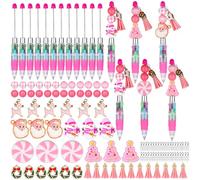 WWmily 12 Sets Pink Christmas Beadable Pens Kit DIY Beaded Ballpoint Pens Make Your Own Snowman Charm Bead Crafts for Class Christmas Students Gifts School Office Supplies