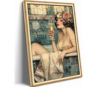 WWN Vintage Bathroom Canvas Wall Art Victoria Funky Woman in Bathtub Picture Wall Docor Trendy Champagne Bar Cart Decor Painting Poster Prints for Bathroom Toilet Bar Home Decor (16x24in Unframed)