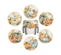 WWOOPLL Autumn Drink Coasters Set of 6, Fall Watercolor Pumpkins Absorbent Round Ceramic Stone Mat Coaster, with Cork Base and Metal Holder, Anti-Slip Cork Bottom for Mugs and Glasses