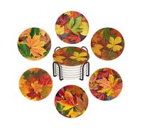 WWOOPLL Autumn Drink Coasters Set of 6, Orange and Red Fall Leaves Absorbent Round Ceramic Stone Mat Coaster, with Cork Base and Metal Holder, Anti-Slip Cork Bottom for Mugs and Glasses