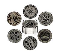 WWOOPLL Drink Coasters Set of 6, Black and White Nordic Viking Absorbent Round Ceramic Stone Mat Coaster, with Cork Base and Metal Holder, Anti-Slip Cork Bottom for Mugs and Glasses