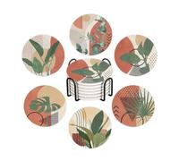 WWOOPLL Drink Coasters Set of 6, Modern Boho Tropical Leaves Absorbent Round Ceramic Stone Mat Coaster, with Cork Base and Metal Holder, Anti-Slip Cork Bottom for Mugs and Glasses