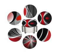 WWOOPLL Drink Coasters Set of 6, Modern Red and Black Geometric Absorbent Round Ceramic Stone Mat Coaster, with Cork Base and Metal Holder, Anti-Slip Cork Bottom for Mugs and Glasses