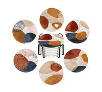 WWOOPLL Drink Coasters Set of 6, Navy Orange and Gold Abstract Modern Art Absorbent Round Ceramic Stone Mat Coaster, with Cork Base and Metal Holder, Anti-Slip Cork Bottom for Mugs and Glasses