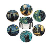 WWOOPLL Drink Coasters Set of 6, Van Gogh Art and Black Cat Absorbent Round Ceramic Stone Mat Coaster, with Cork Base and Metal Holder, Anti-Slip Cork Bottom for Mugs and Glasses