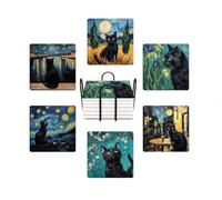WWOOPLL Drink Coasters Set of 6, Van Gogh Art and Black Cat Absorbent Square Ceramic Stone Mat Coaster, with Cork Base and Metal Holder, Anti-Slip Cork Bottom for Mugs and Glasses