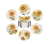 WWOOPLL Drink Coasters Set of 6, Vintage Sunflowers and Herbs Absorbent Round Ceramic Stone Mat Coaster, with Cork Base and Metal Holder, Anti-Slip Cork Bottom for Mugs and Glasses