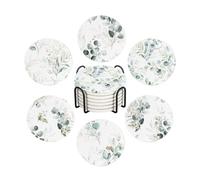 WWOOPLL Drink Coasters Set of 6, Watercolor Green Gold Tropical Leaves Absorbent Round Ceramic Stone Mat Coaster, with Cork Base and Metal Holder, Anti-Slip Cork Bottom for Mugs and Glasses