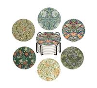 WWOOPLL William Morris Drink Coasters Set of 6, Vintage Botanical Floral Garden Absorbent Round Ceramic Stone Mat Coaster, with Cork Base and Metal Holder, Anti-Slip Cork Bottom for Mugs and Glasses