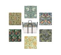 WWOOPLL William Morris Drink Coasters Set of 6, Vintage Botanical Floral Garden Absorbent Square Ceramic Stone Mat Coaster, with Cork Base and Metal Holder, Anti-Slip Cork Bottom for Mugs and Glasses