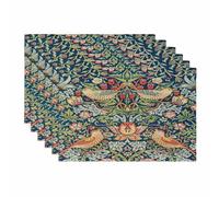WWOOPLL William Morris Linen Fabric Placemats Set of 6, Table Mats for Kitchen Decor, Durable, Stain-Resistant, Machine Washable & Reusable, Perfect for Parties, 45x30cm (Strawberry Thief)