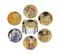 WWOOPLL Yellow Drink Coasters Set of 6, Gustav Klimt Art Collection Absorbent Round Ceramic Stone Mat Coaster, with Cork Base and Metal Holder, Anti-Slip Cork Bottom for Mugs and Glasses