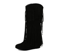 WWPMNQD knee-high boots Wine Red Western Fringe Boots For Women Yellow Increased Heel Black Tassels Without Zip Warm Wide Calf Shoes for Women(Black,240-245)