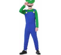 WWQQYY Super Brothers Plumber Cosplay Fancy Dress Costume Outfit, Jumpsuit, Hat and Moustache for Unisex Mens Women Adult Kids Teens Costume Halloween Carnival, Boy Green, XL