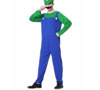 WWQQYY Super Brothers Plumber Cosplay Fancy Dress Costume Outfit, Jumpsuit, Hat and Moustache for Unisex Mens Women Adult Kids Teens Costume Halloween Carnival, Men Green, XL