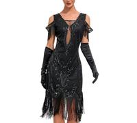 WWricotta 1920s Knee Length Flapper Party Dress Tassels Hem Sequined Cocktail Dresses With 20s Accessories Costume Set Wrap Sweater Satin Formal Dresses for Women
