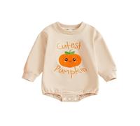 WWricotta Baby Girls Halloween Long Sleeve Bodysuit with Cute Pumpkin Embroidery for Autumn Fall Season Outfit Beige