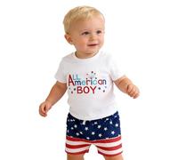 WWricotta Boys' Independence Day Outfit - Patriotic Letter Embroidery, Short Sleeve Shirt and Shorts, Summer Play, Sizes 2-8, Navy/Red