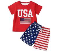 WWricotta Boys' Independence Day Short Sleeve Shirt and Short Pants Set - Patriotic USA Flag Print, Casual Summer, Soft Cotton, Sizes 2-12, Red/White/Blue