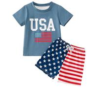 WWricotta Boys' Independence Day Short Sleeve Shirt and Short Pants Set - Patriotic USA Flag Print, Casual Summer, Soft Cotton, Sizes 2-12, Red/White/Blue