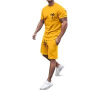 WWricotta European and Coconut Tree Print Summer Sportswear Set for Men's Casual Round Neck Short Sleeved T Shirt and Pocket Sports Shorts/A Yellow