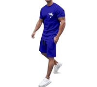 WWricotta European and Coconut Tree Print Summer Sportswear Set for Men's Casual Round Neck Short Sleeved T Shirt and Pocket Sports Shorts/A Dark Blue