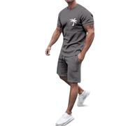 WWricotta European and Coconut Tree Print Summer Sportswear Set for Men's Casual Round Neck Short Sleeved T Shirt and Pocket Sports Shorts/A Dark Gray