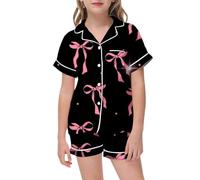 WWricotta Girls Bow Tie Printed Lapel Short Sleeve Top Comfortable Shorts Pajamas Set Cute Buttons Designed Comfortable Breathable Home Wear Black