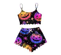 WWricotta Halloween Cartoon Print Pajama Shorts Set Sexy Pajamas for Women Set Purple