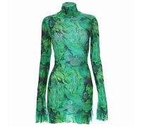 WWricotta Ladies Mesh Printed Round Neck Bell Sleeve Side Open Hip Dress Dress Shirts for Women Sexy Split Sweater Dress Green