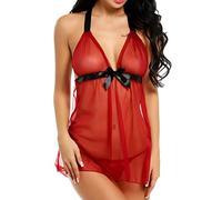 WWricotta Lingerie for Women Lace Chemise Negligees Sexy Exotic Nightgowns Nighties Sheer Mesh Nightwear (1PC Nightdress+1PC Underpants) Sexy See Thru Lingerie for Women Red
