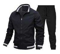 WWricotta Men's Casual Lightweight Zip Up Long Sleeve Stand Stripe Print Pocket Sportswear Coat and Pants Jacket Men Suit Black