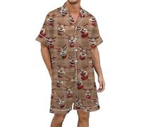 WWricotta Men's Christmas Multicolored Printed Silk Satin Short Sleeved Button Up Pajamas Set Couples Matching Pajama Set Brown