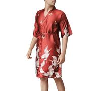 WWricotta Mens Dressing Gown Summer Medium Length Printed Silk Dressing Gown Bridegrooms Best Man Dressing Gown Sexy Pajamas Memory House Slipper Red