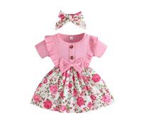 WWricotta Newborn Baby Girls Clothes Summer Outfits Short Sleeve Knitted Floral Dress Headband Gift Set for New Born Baby Girl Pink