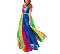 WWricotta Spring and Summer New European and Border Foreign Trade Women's Border New Suspender Sexy Deep V Rainbow Chiffon Suspender Dress Casual Skater Dresses for Women Maxi V Neck Dress