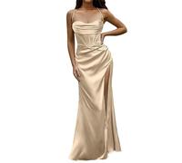 WWricotta Women Sexy Satin Corset Maxi Dress Silky Strap Push Up Fishbone Ruched Evening Party Long Dresses Long Beach Dresses Wedding Dresses for Women Formal Beige