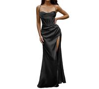 WWricotta Women Sexy Satin Corset Maxi Dress Silky Strap Push Up Fishbone Ruched Evening Party Long Dresses Long Beach Dresses Wedding Dresses for Women Formal Black