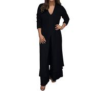 WWricotta Women's Casual Plus Size V Neck Long Sleeved Chiffon Shirt Beach Suit Slit Long Top + Trousers Suit Blouse Bottom Pantsuits Wedding Guest Black