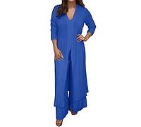 WWricotta Women's Casual Plus Size V Neck Long Sleeved Chiffon Shirt Beach Suit Slit Long Top + Trousers Suit Blouse Bottom Pantsuits Wedding Guest Blue