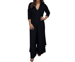 WWricotta Women's Casual Plus Size V Neck Long Sleeved Chiffon Shirt Beach Suit Slit Long Top + Trousers Suit Blouse Bottom Pantsuits Wedding Guest Black