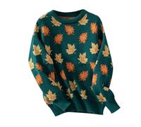 WWricotta Women's Fashionable Autumn and Winter Maple Leaf Pattern Round Neck Long Sleeved Casual Pullover Knitted Sweater Long Sleeve Quarter Zip Sweater Dark Green