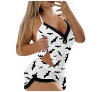 WWricotta Womens Halloween Bat Skeleton Sexy Camisole Printing Shorts 2 Piece Set Sleepwear Lace Backless Trim Lingerie Hot Pants Suit Night Suits for Women Pajama Set