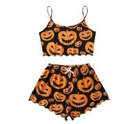 WWricotta Women's Halloween Pumpkin Printed Sleeveless Camisole And Shorts Homewear Pajama Set plus Size Short Orange