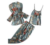 WWricotta Women's Homewear Nightdress Three Piece Suit Lace Pajamas Set Girl Booties Slippers Green